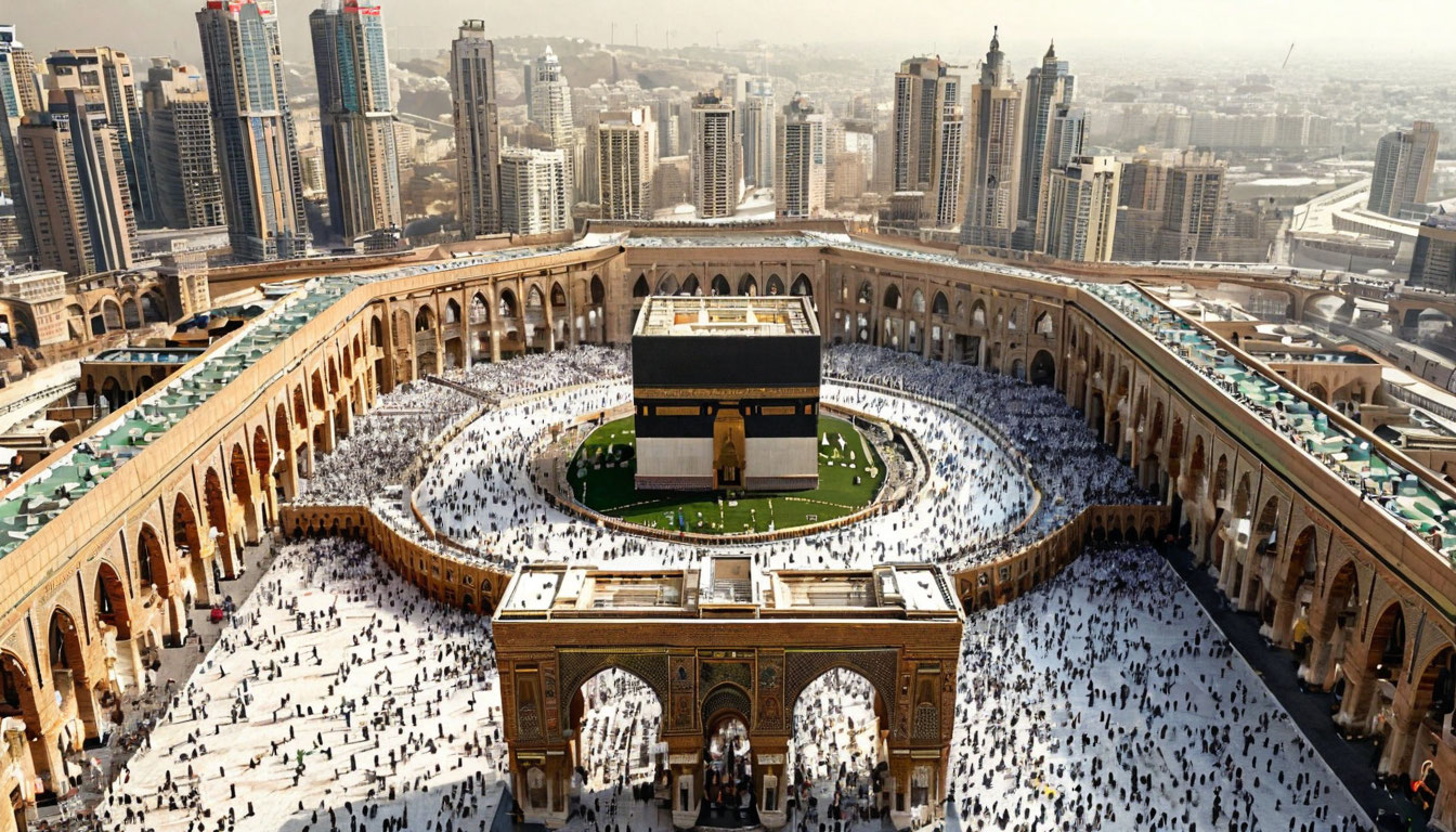 Мекка Саудовская Аравия, мечеть Аль-Харам и Кааба в центре с тысячами паломников