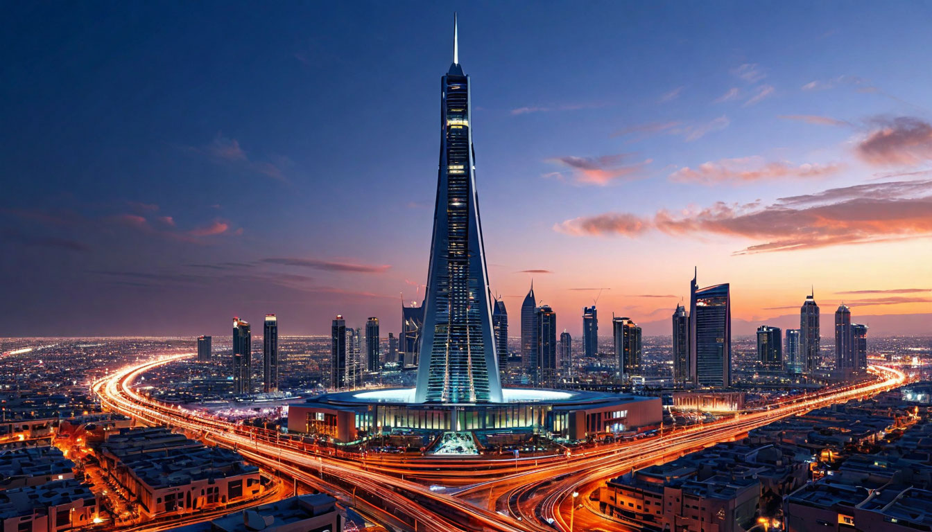 Эр-Рияд Саудовская Аравия, башня Кингдом-центра с отверстием на фоне неба в ночных огнях