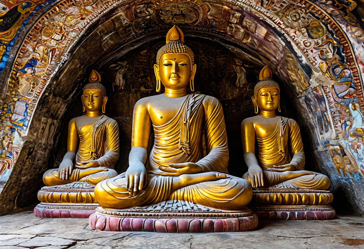 Пещерный храм Дамбулла Шри-Ланка золотые статуи Будды и фрески