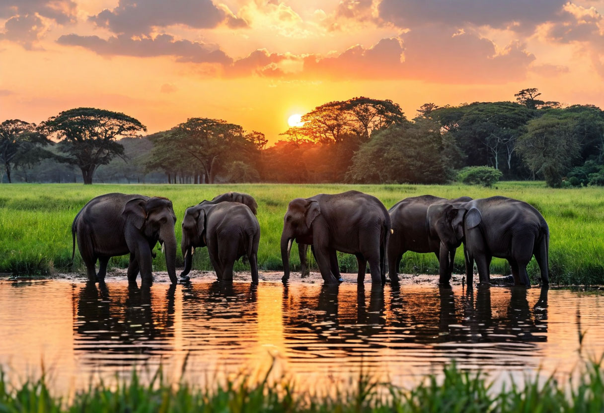 Слоны в национальном парке Миннерия Шри-Ланка