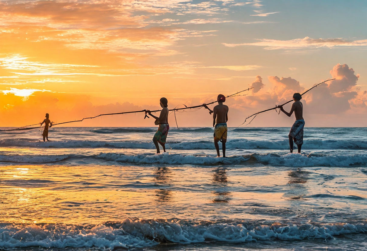 Рыбаки на сваях Шри-Ланка традиционная ловля рыбы на закате