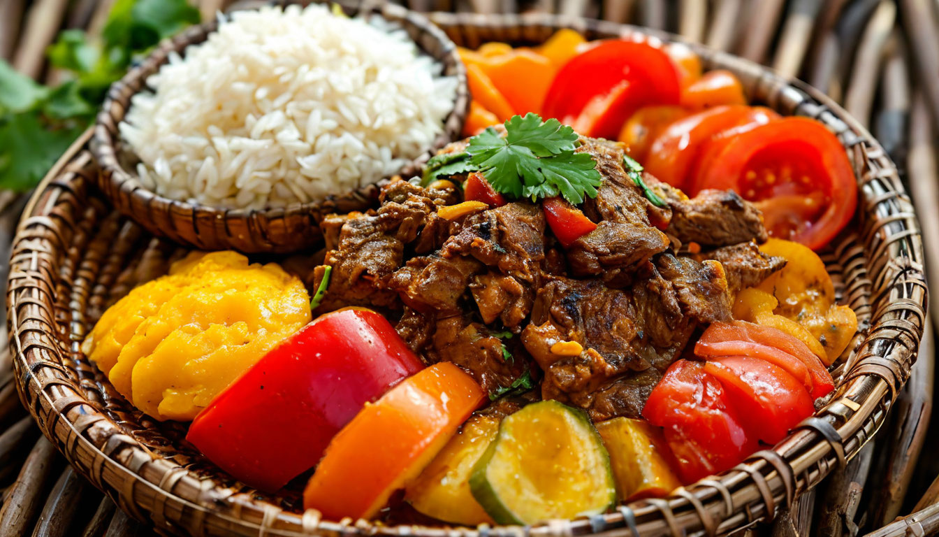 Танзанийская кухня угали с зеленью и жареным мясом