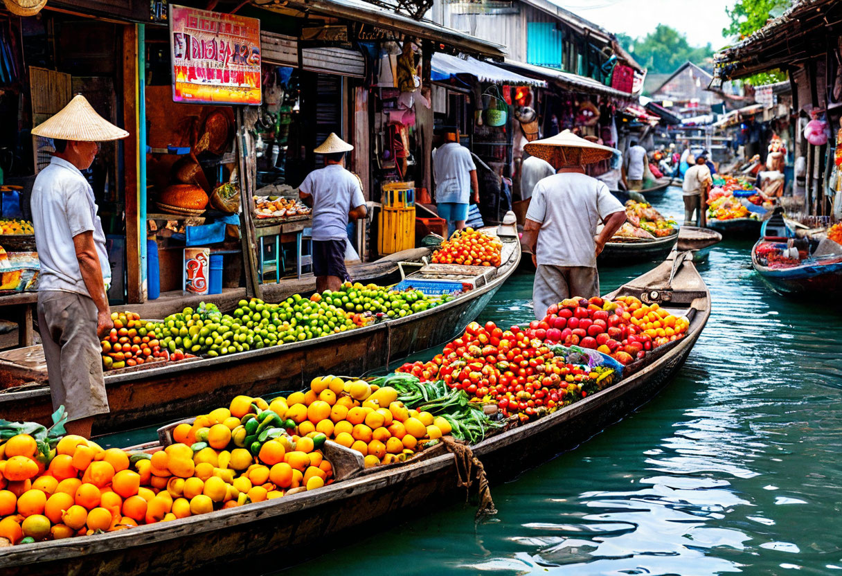 Плавучий рынок Дамноен Садуак Таиланд лодки с фруктами