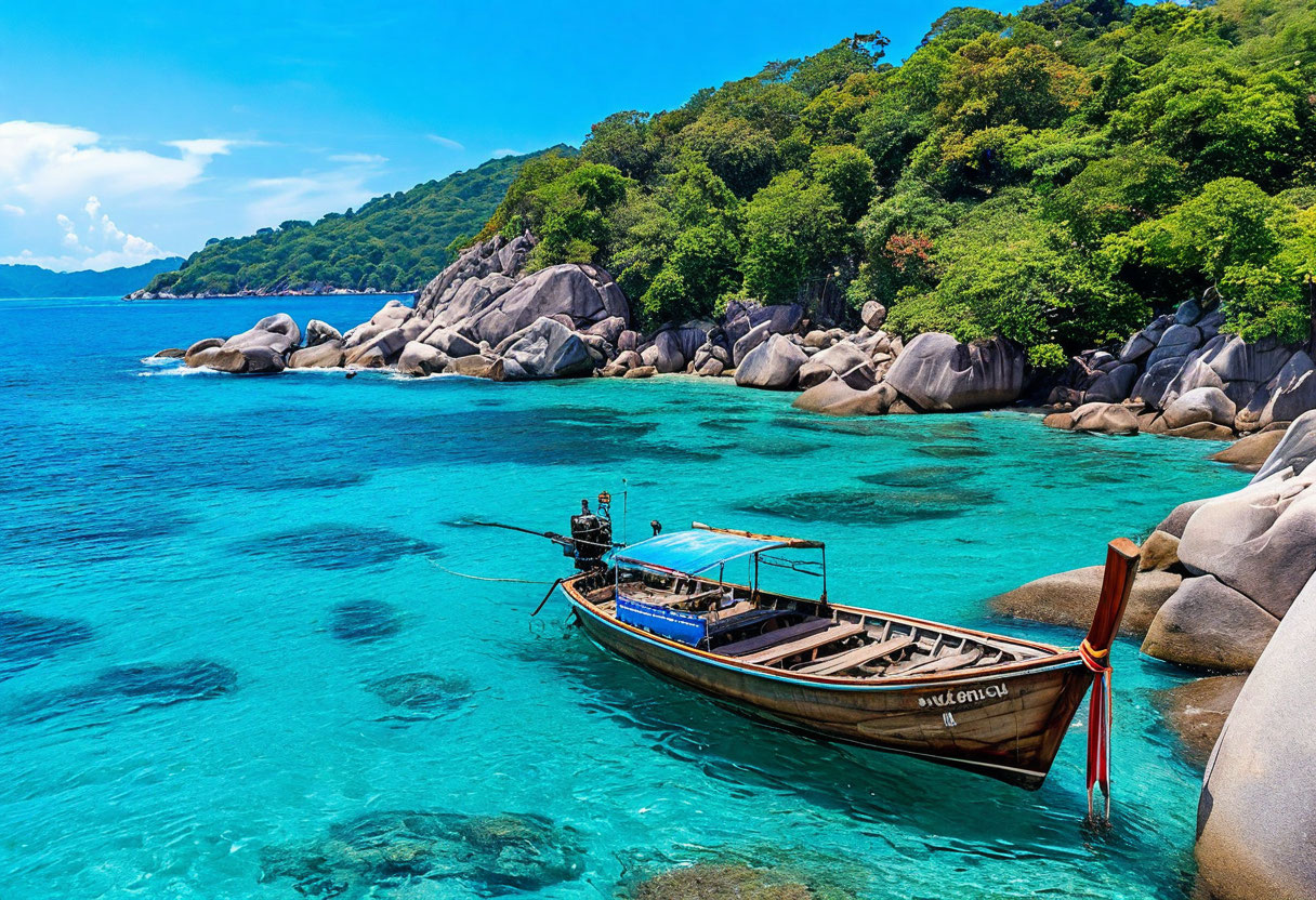 Лодка-лонгтейл Симиланские острова Таиланд бирюзовое море с гранитными валунами