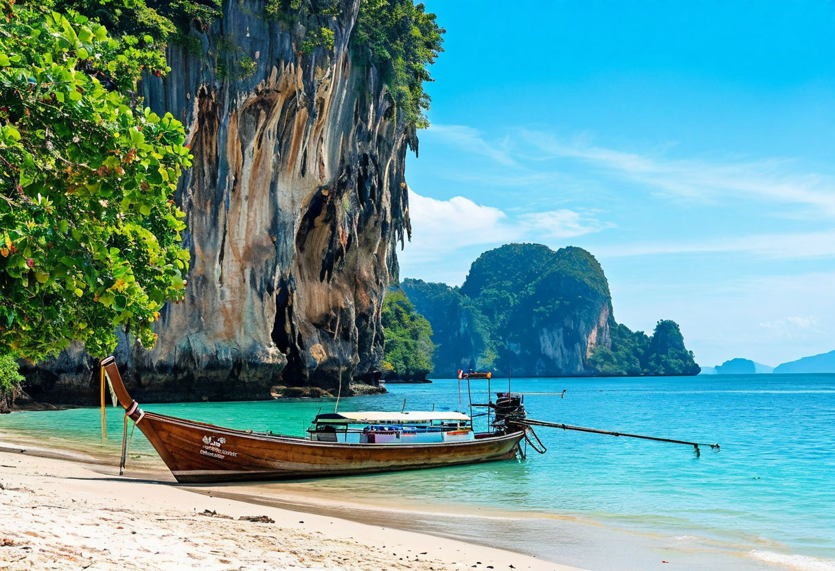 Пляж Рейлей Краби Таиланд с карстовыми скалами и бирюзовым морем