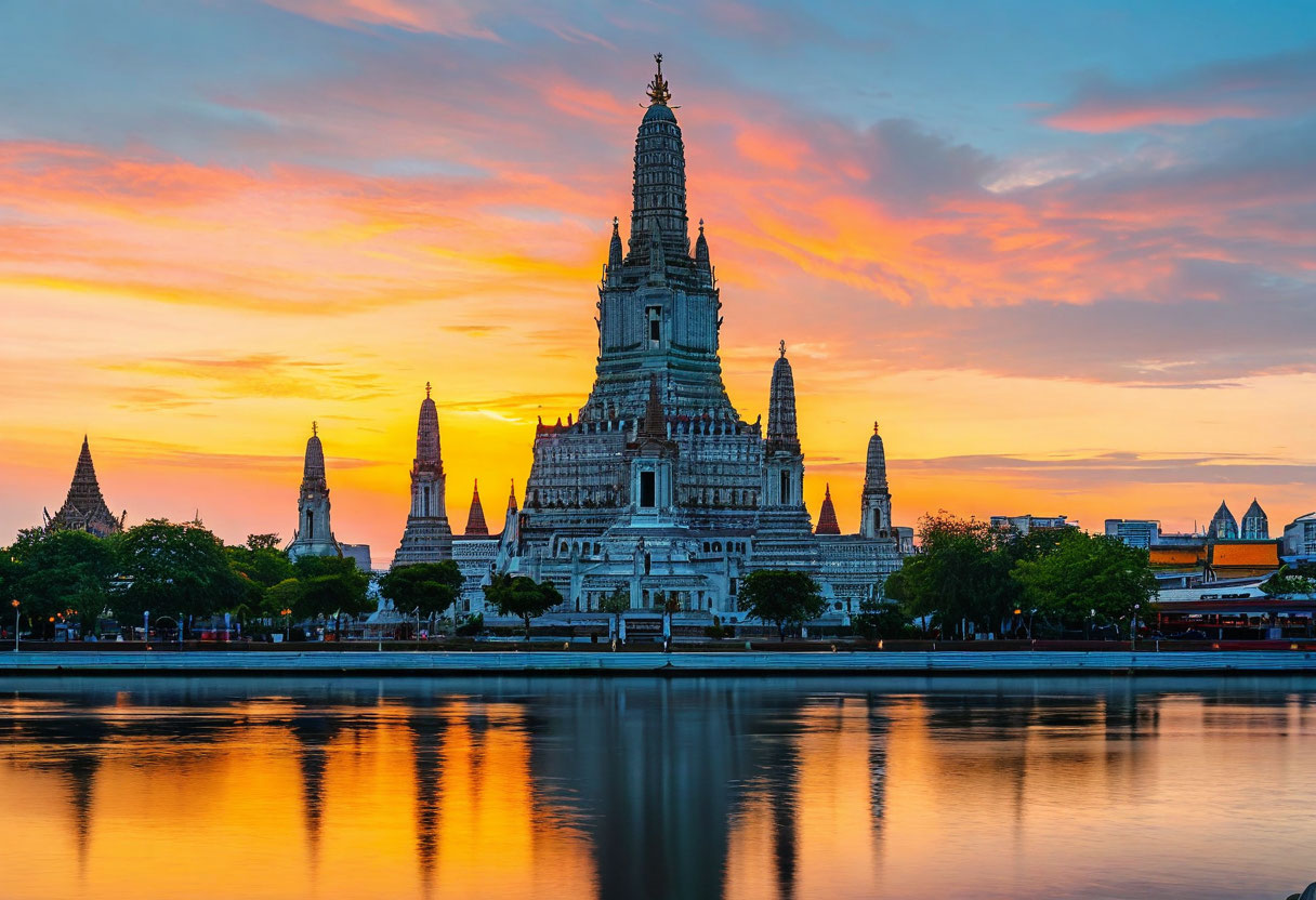 Храм Ват Арун Бангкок на закате с рекой Чао Прая Таиланд