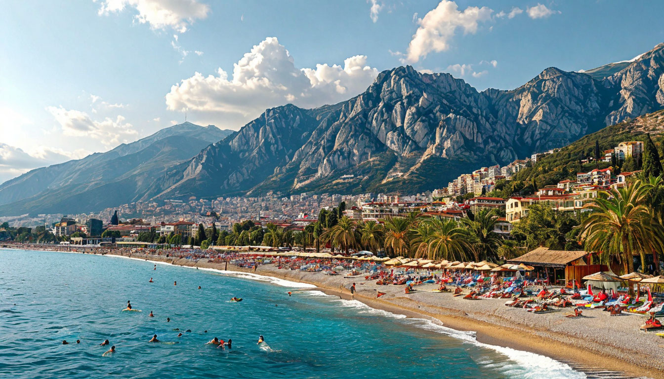 Анталья пляж Коньяалты с горами Тавр и старым городом Калеичи