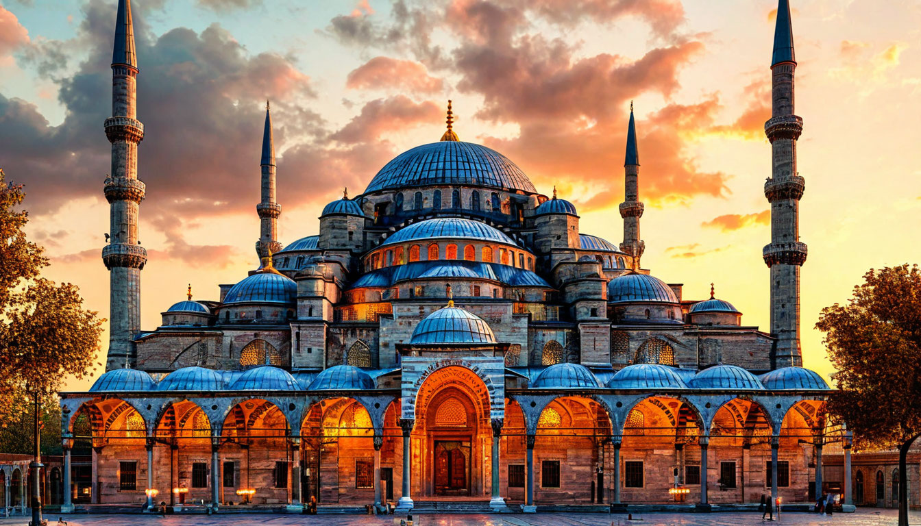 Стамбул Айя-София с минаретами на закате с куполом и колоннами