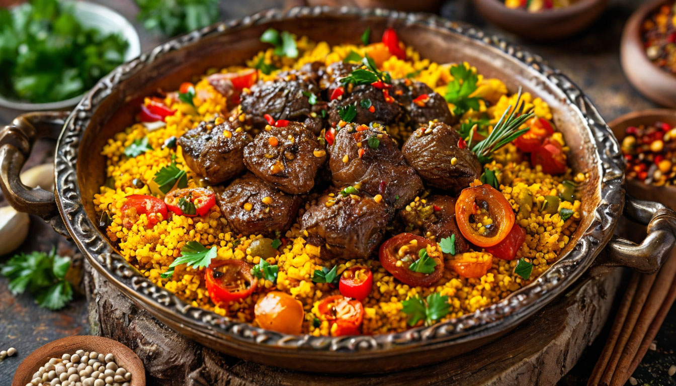Тунисская кухня кускус с бараниной и овощами с харисой