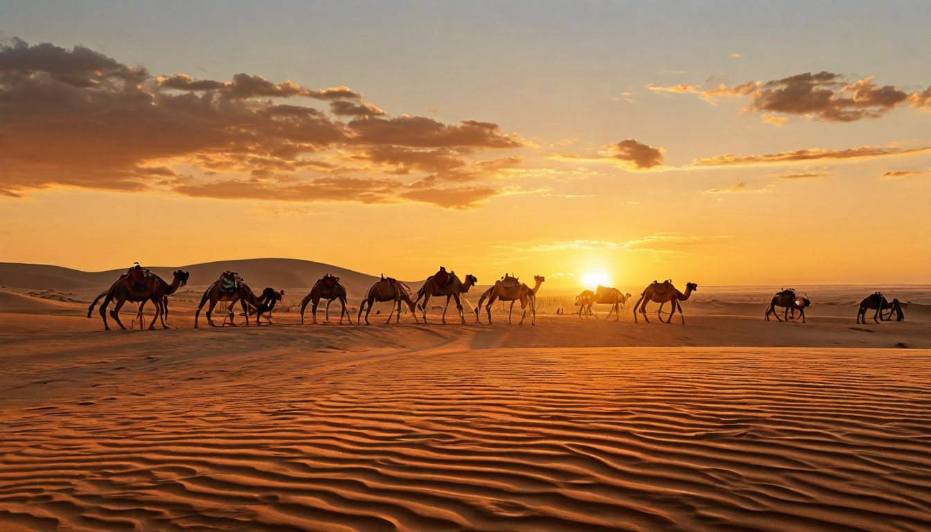 Верблюжий караван в пустыне Каракум Туркменистан, закатный пейзаж