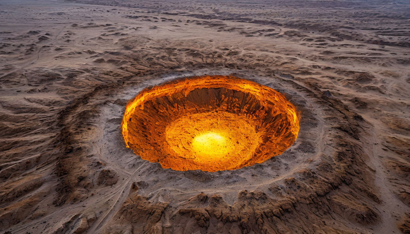 Дарваза Туркменистан рассвет, пустыня Каракум и горизонт на заре