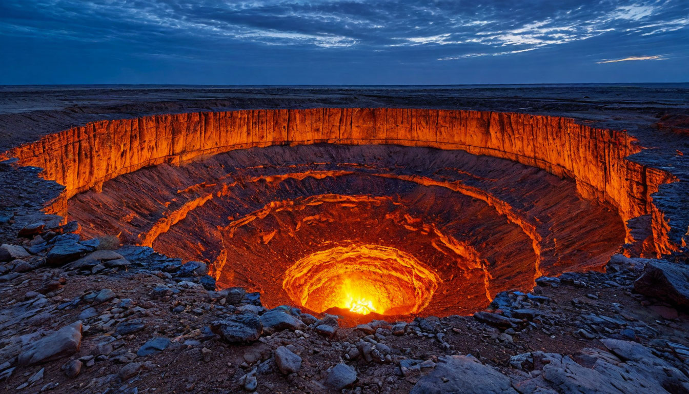 Кратер Дарваза Туркменистан вид с края, огненная воронка в ночной пустыне