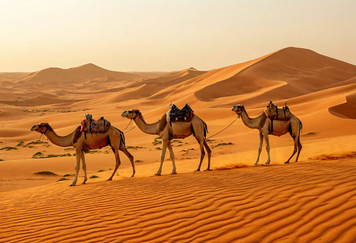 Караван верблюдов в пустыне Лива ОАЭ