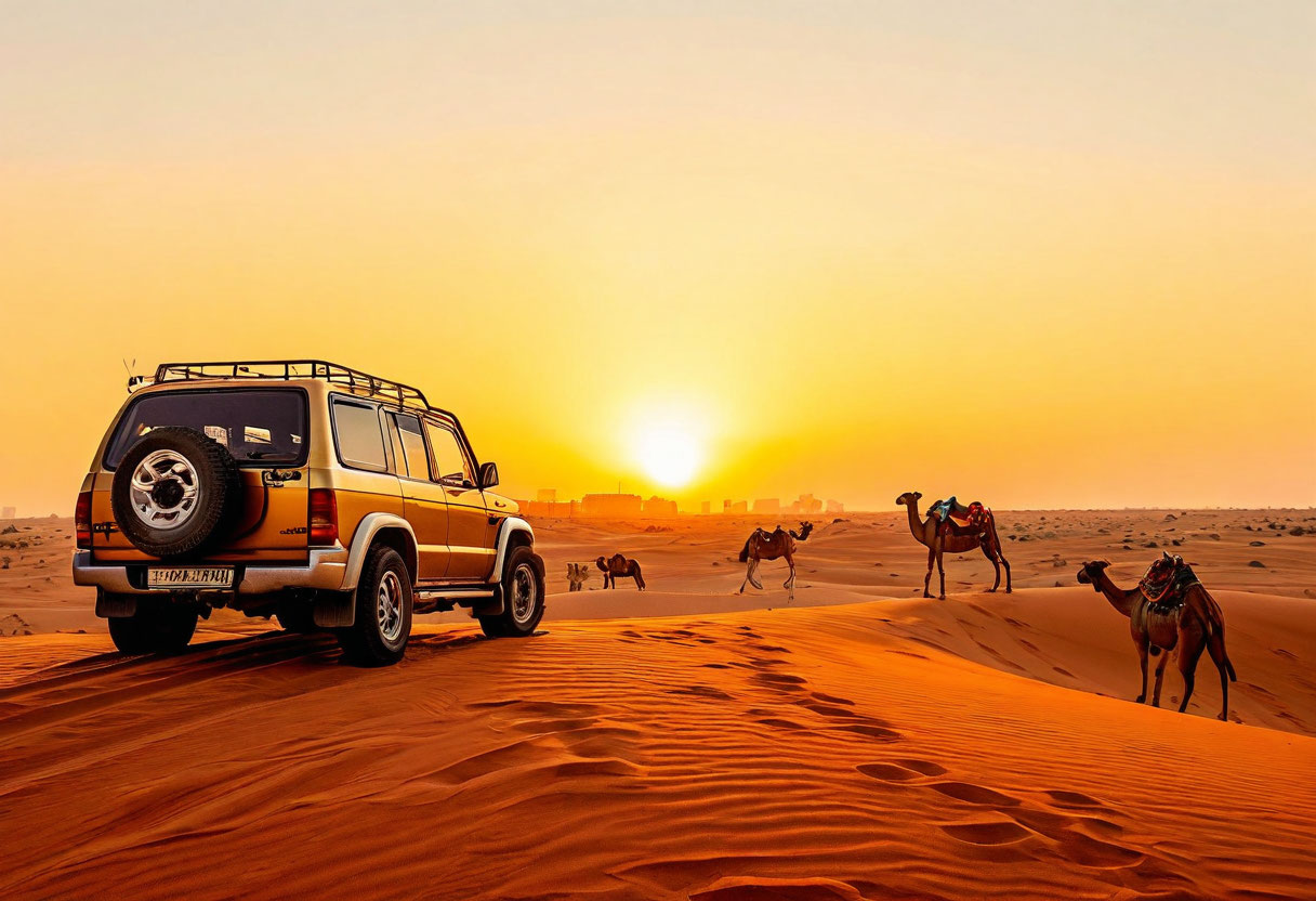 Сафари в пустыне Дубай ОАЭ джип на красных дюнах с верблюдами