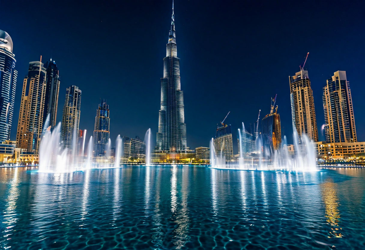 Поющий фонтан Дубай Молл ночью с Бурдж Халифа