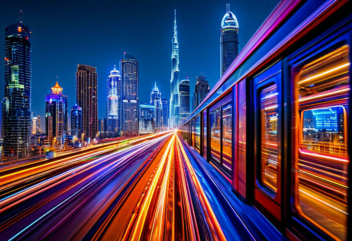 Дубайское метро ночью с панорамой ОАЭ