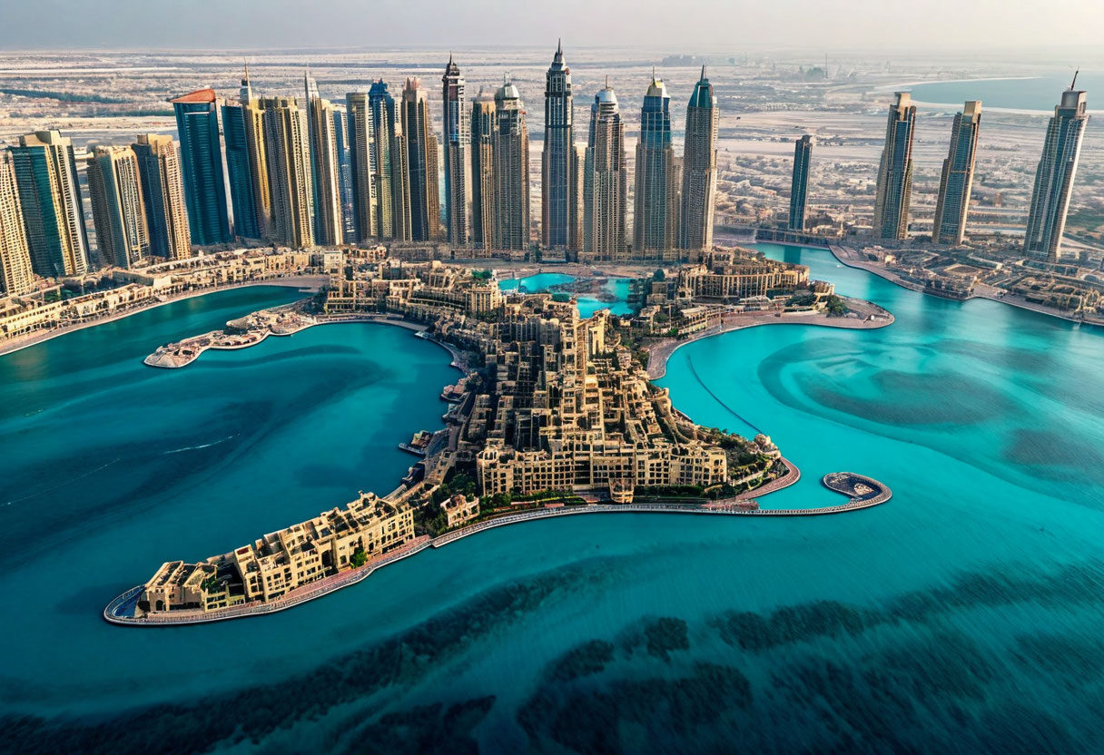 Пальма Джумейра Дубай ОАЭ вид сверху на пальмовый остров с отелем Атлантис