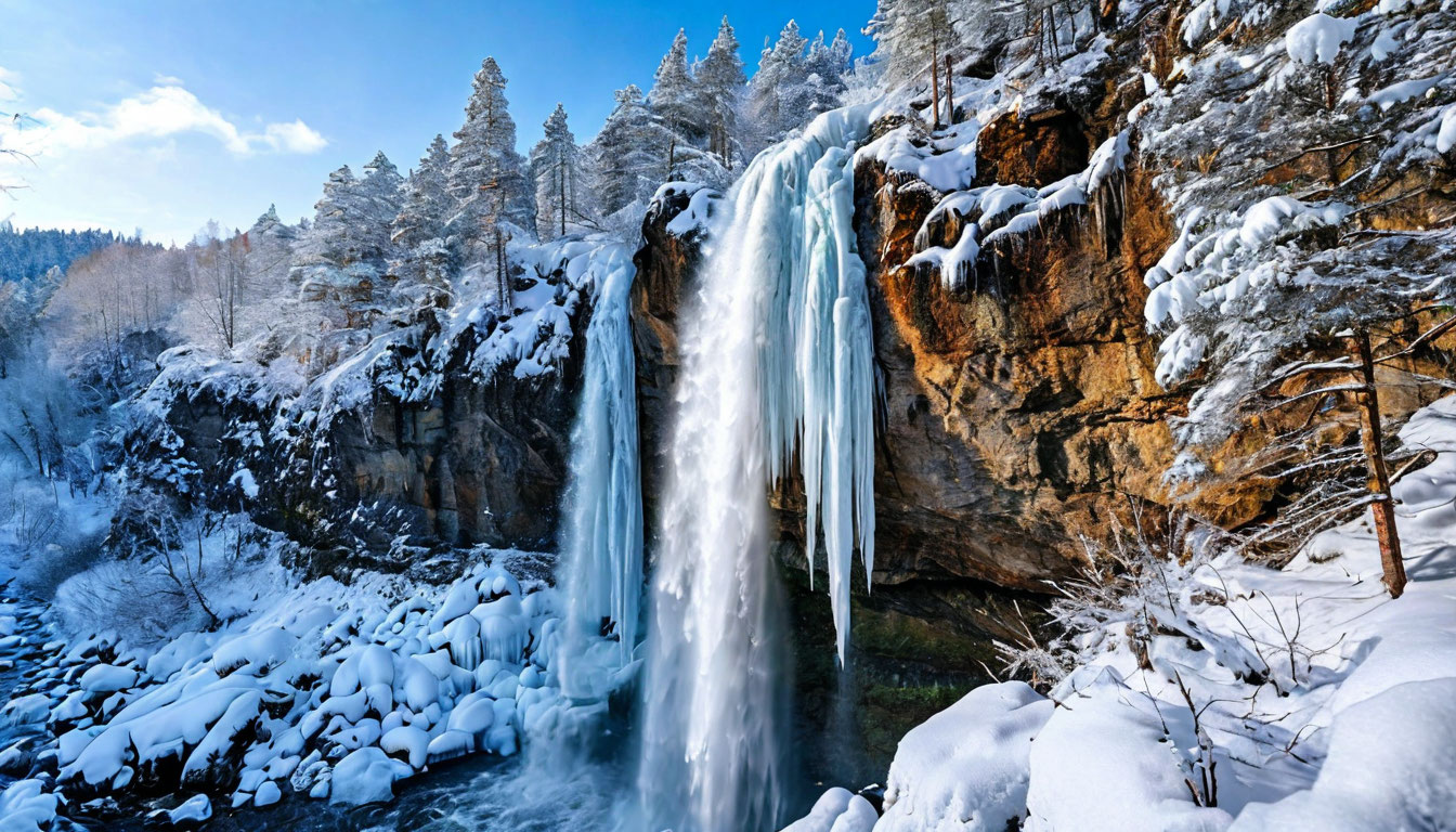 Замёрзший водопад на Урале зимой