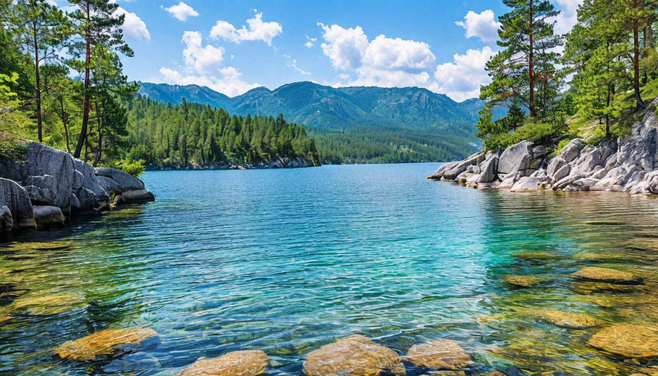 Озеро Тургояк, бирюзовая вода среди гор Урала