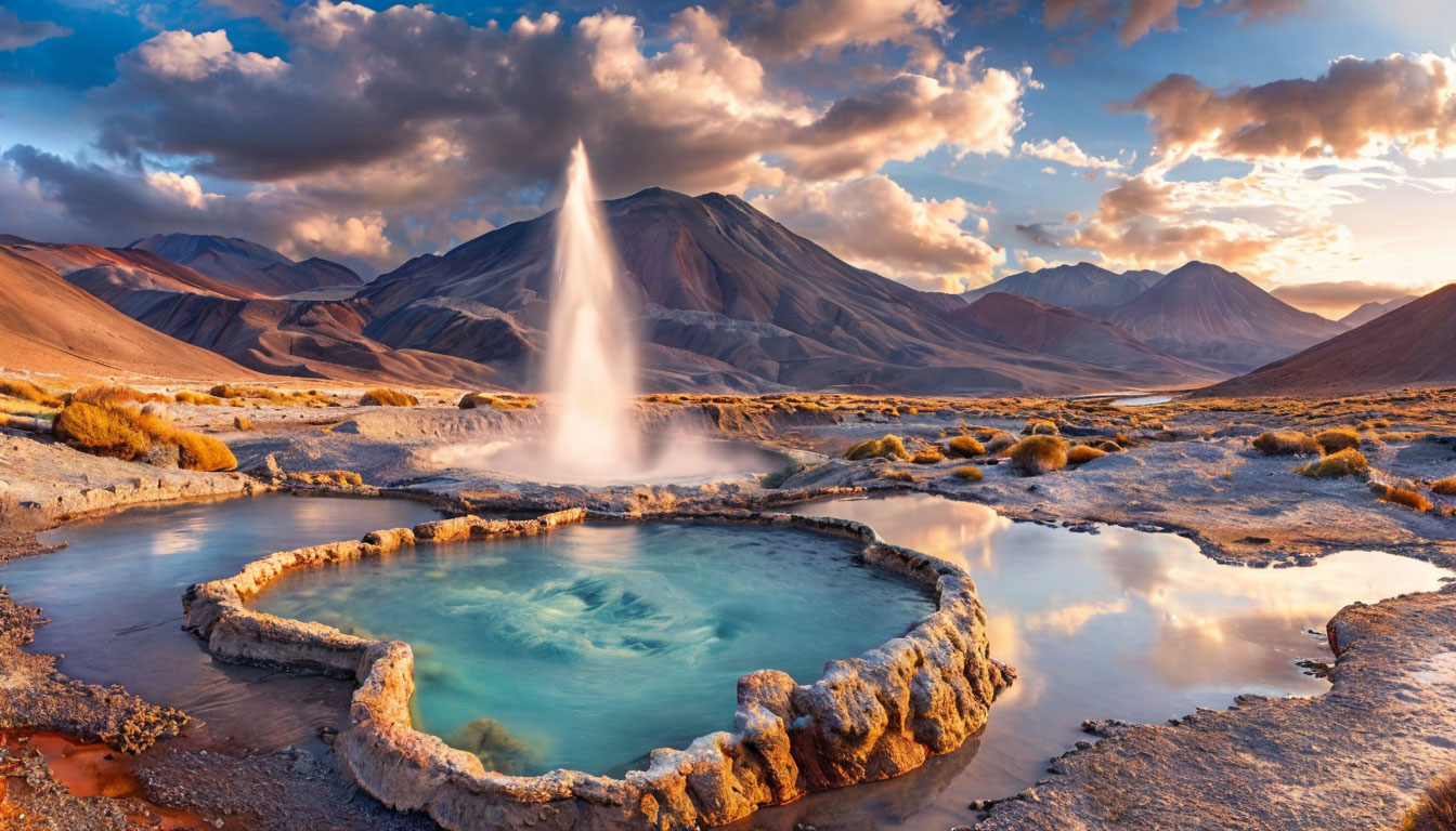 Гейзеры Соль-де-Маньяна Боливия, столбы пара на рассвете на высоте 4900 метров, лунный пейзаж