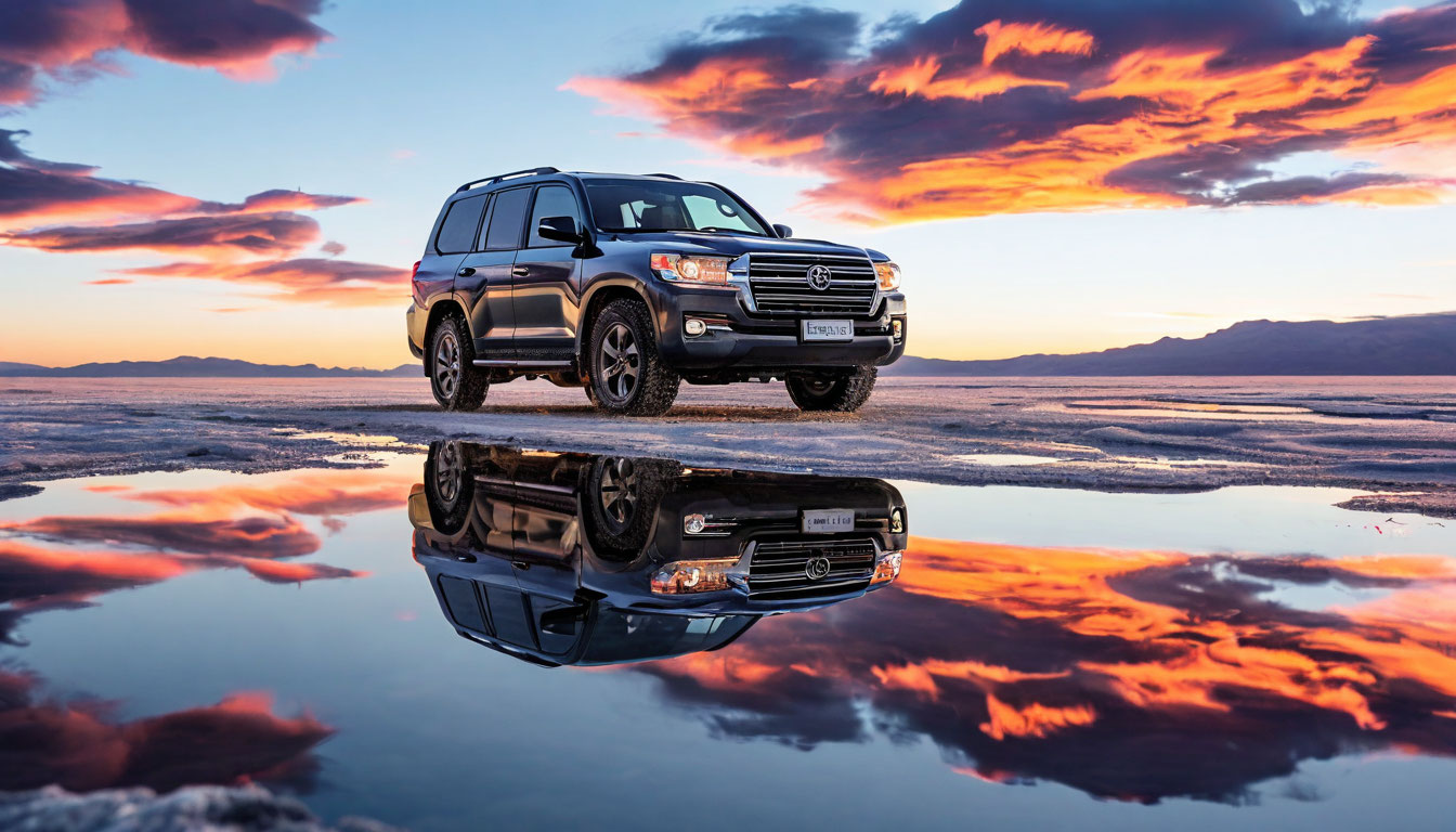 Джип Toyota Land Cruiser на солончаке Уюни Боливия, отражение машины в зеркале воды на закате