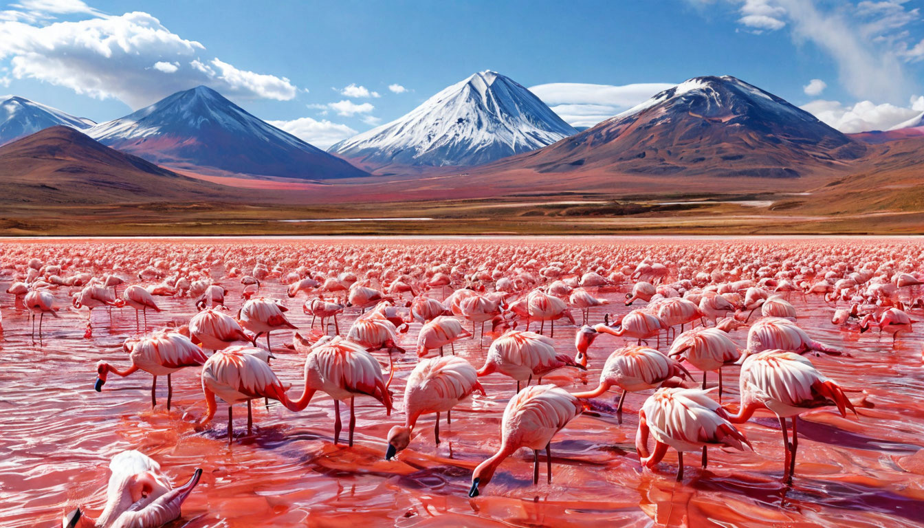 Лагуна Колорада Боливия, тысячи розовых фламинго в красной воде на фоне вулканов Альтиплано