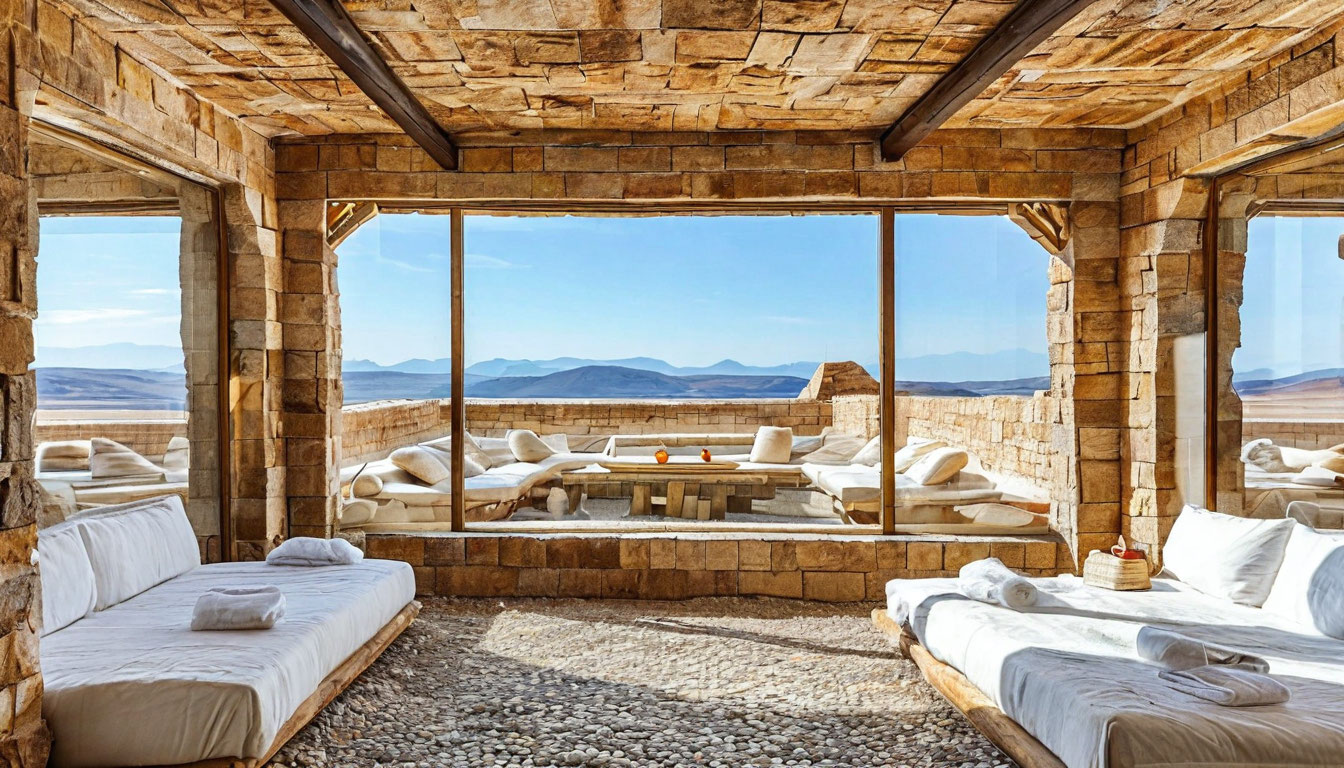 Соляной отель Palacio de Sal Уюни Боливия, белые комнаты из соляных кирпичей с видом на солончак