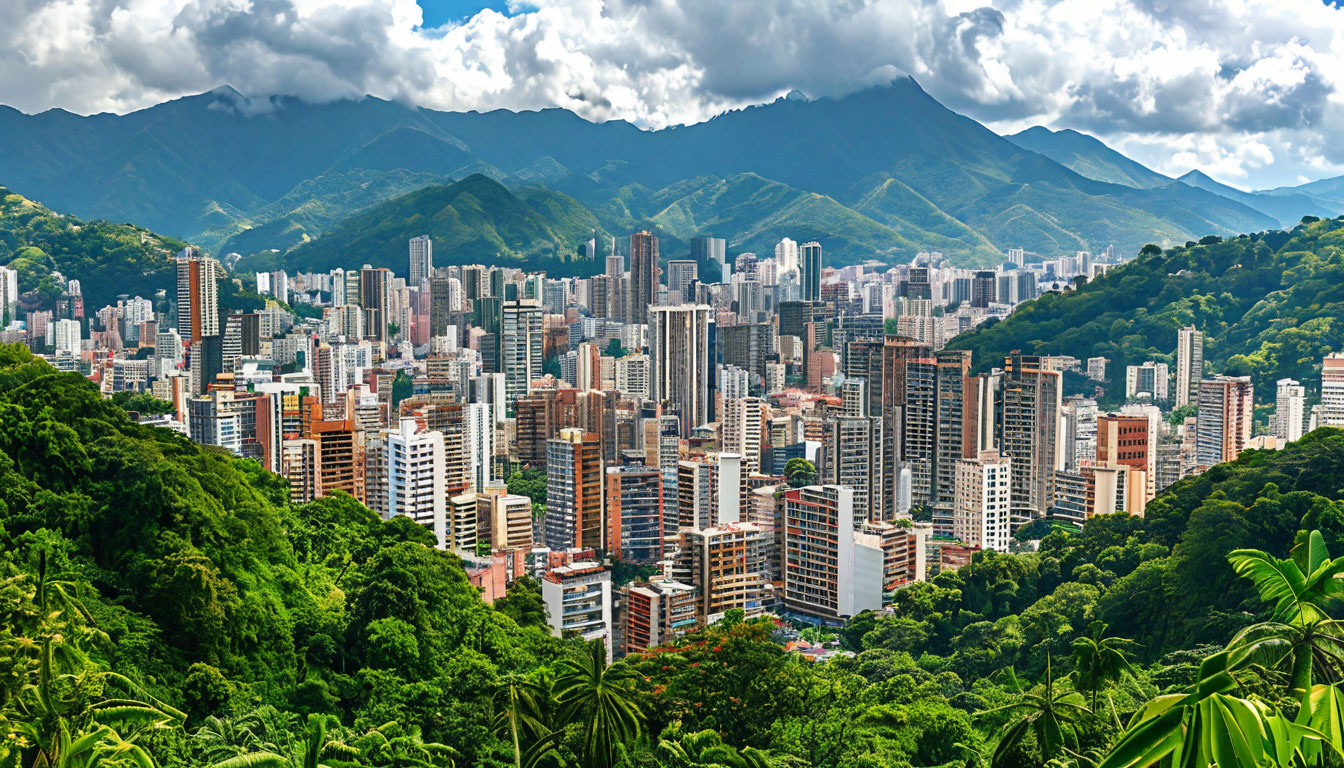 Каракас Венесуэла, панорама города в горах с тропической зеленью