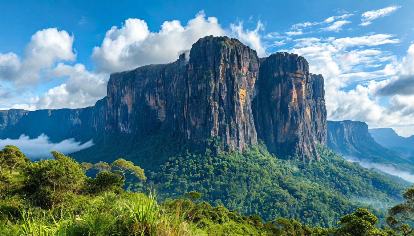 Тепуй Рорайма Венесуэла, плоская столовая гора над облаками в сельве