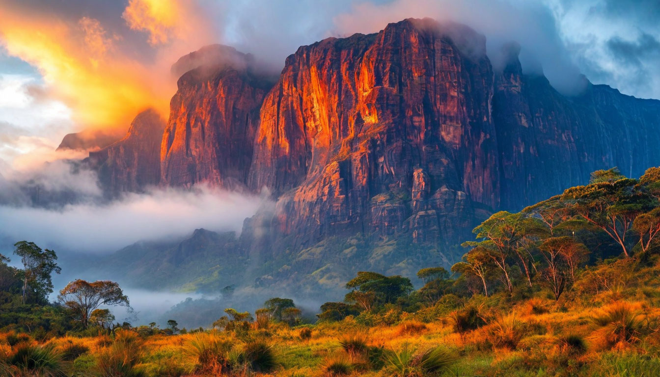 Тепуи Большая Саванна Венесуэла, столовые горы в закатном тумане