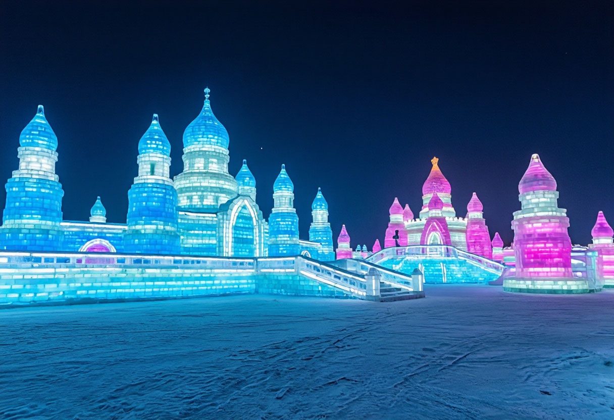 Ледовый городок Харбина ночью