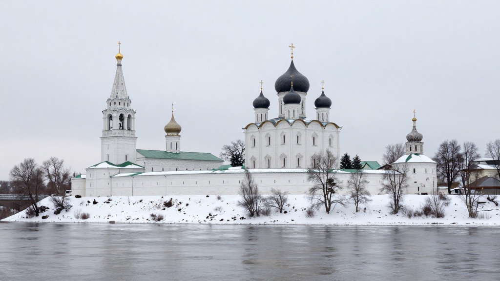 Монастырский ансамбль Белёва на берегу Оки зимой