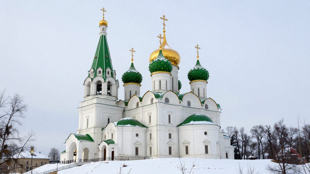 Белый собор с зелёными и золотым куполами в Смоленске зимой