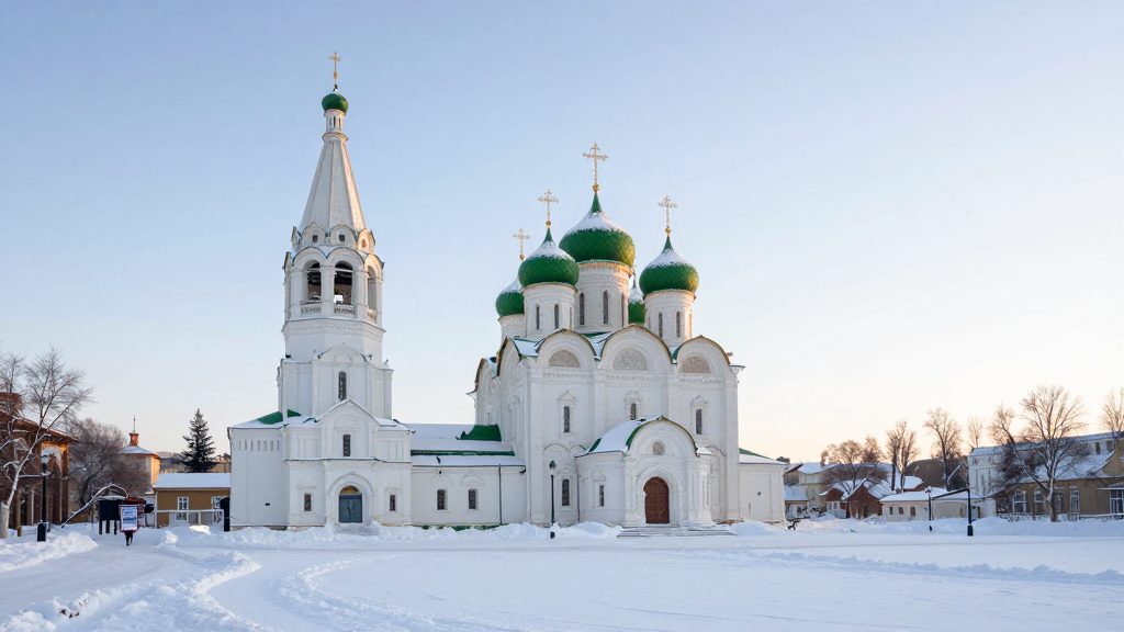 Успенский собор и колокольня на Соборной площади Коломны зимой