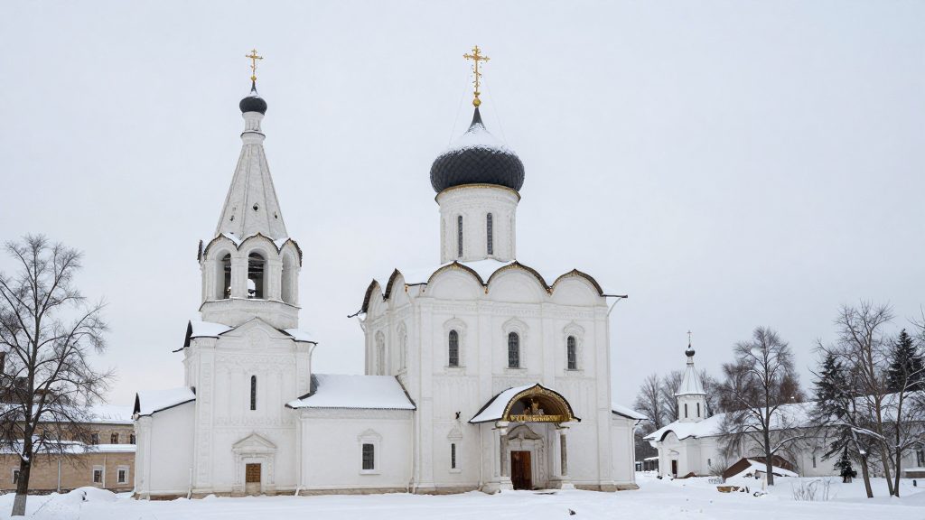 Белый монастырский храм в Угличе зимой
