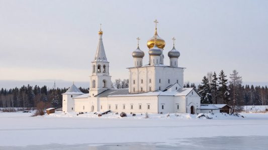 Иверский монастырь на острове Валдайского озера зимой