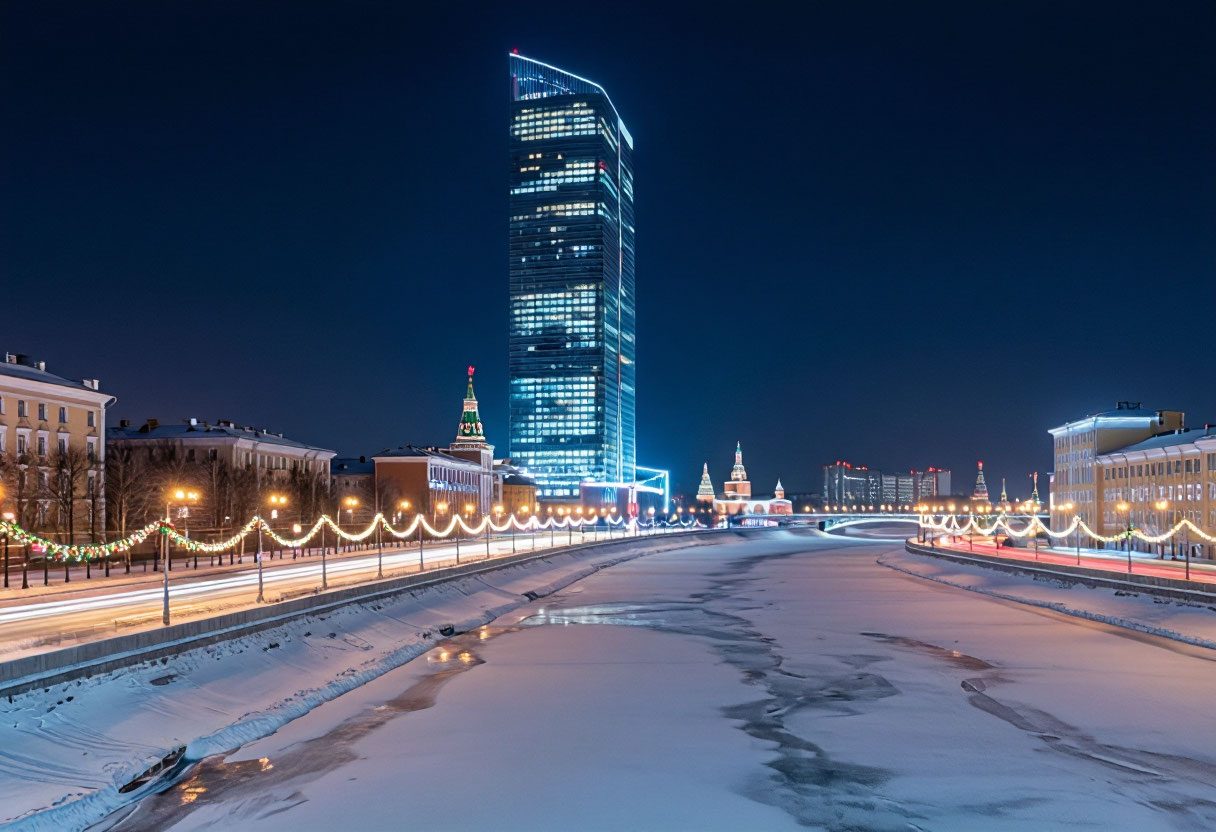 Новый год в Екатеринбурге: вечерний город и небоскрёб