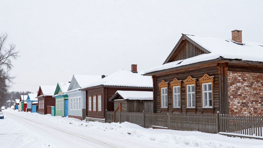 Старинная улица Кимр с резными наличниками зимой