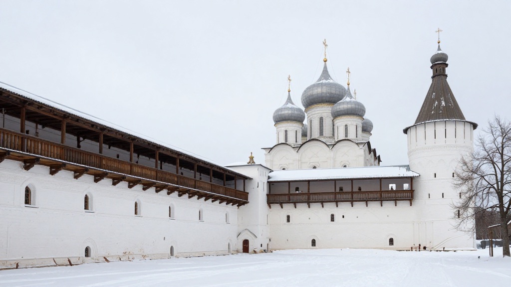 Двор Ростовского кремля зимой, белые стены и серебристые купола
