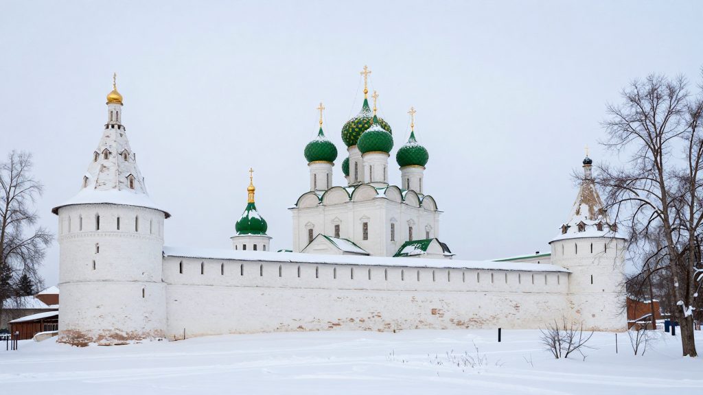 Монастырь в Переславле-Залесском зимой: белые стены и зелёные купола