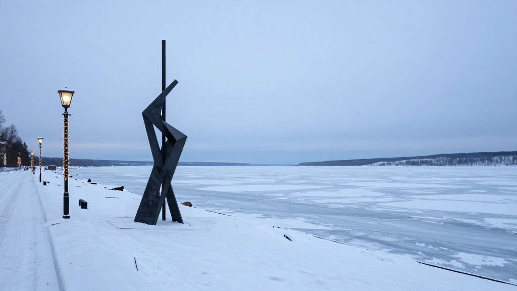Онежская набережная Петрозаводска со скульптурой зимой
