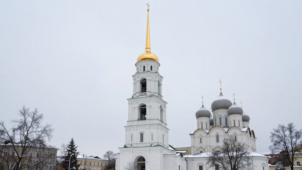 Воскресенский собор и высокая колокольня в Шуе зимой