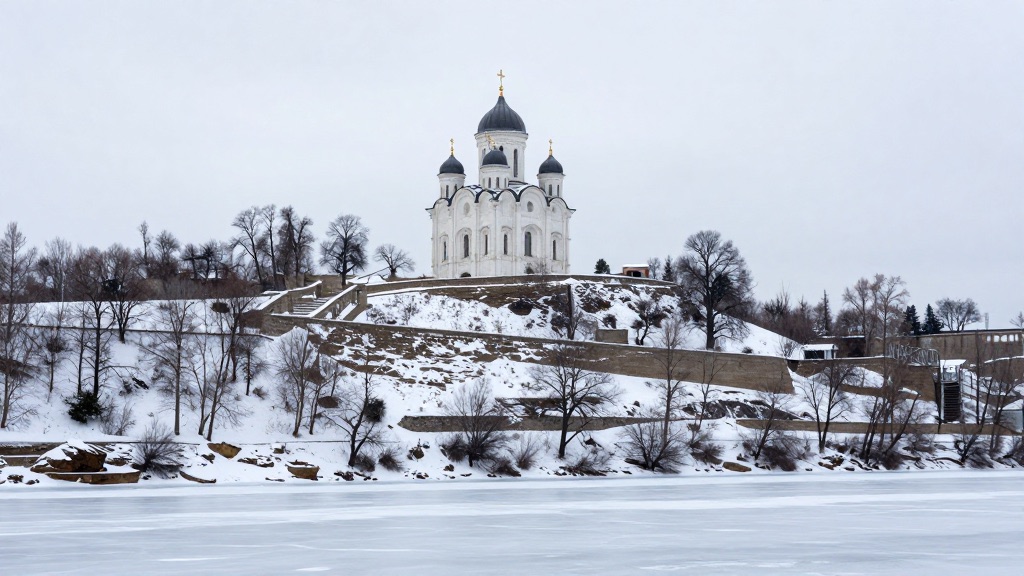 Городище и Борисоглебский собор в Старице зимой