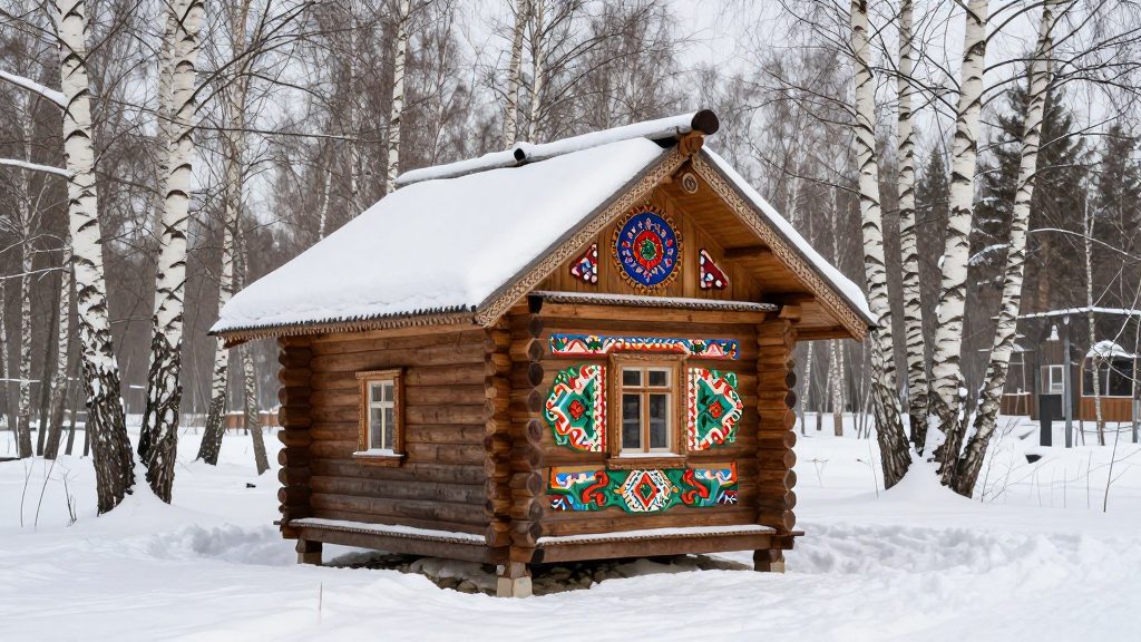 Резной деревянный терем в снегу под Смоленском (Талашкино)